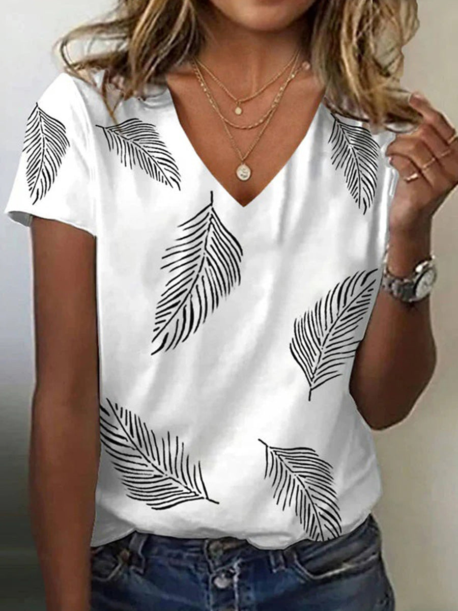 Casual Leaf Print V-neck Short Sleeve T-Shirt