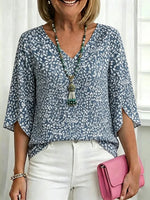 Blue Ditsy Floral 3/4 Sleeve V-Neck Blouse