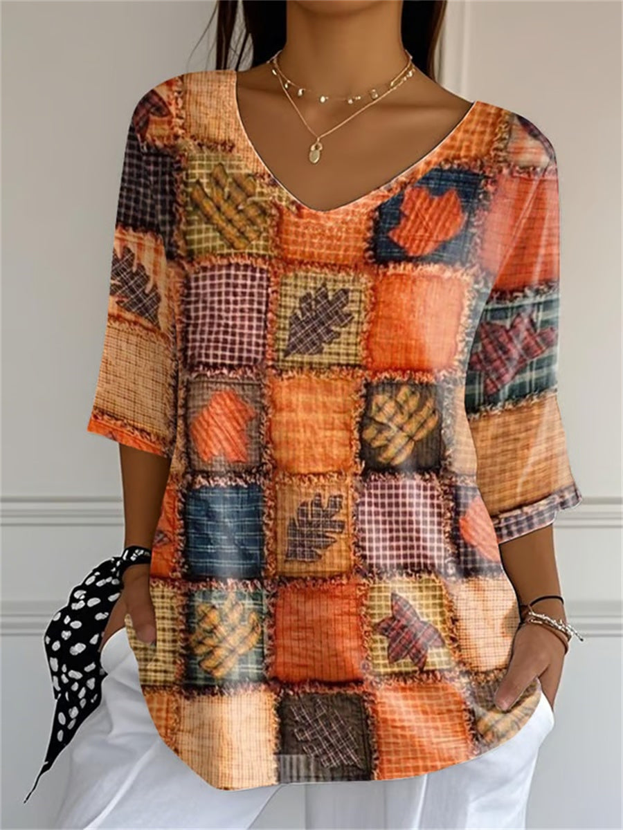 Women's Fall Print Casual V-Neck 3/4 Sleeve T-Shirt