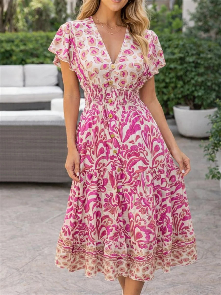 Pink Floral Print V-neck Short Sleeve Smocked Midi Dress
