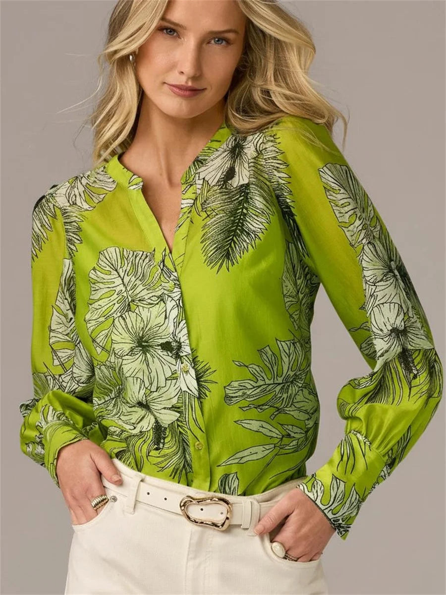 Green Tropical Print Puff Long Sleeve Button-Down Blouse
