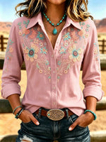 Shirt Collar Long Sleeve Floral Pattern Printing Regular Micro-Elasticity Loose Shirt For Women