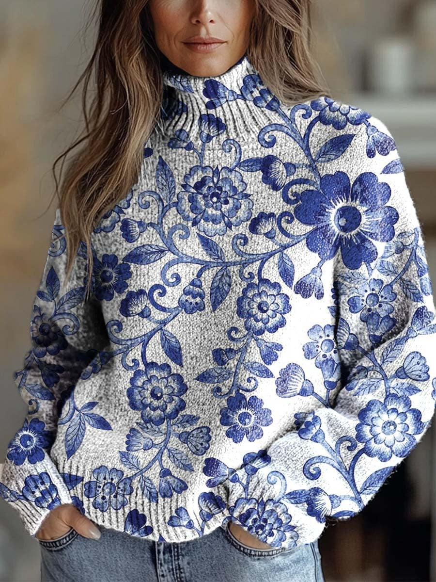 Stylish Floral Print Round Neck Long Sleeve Comfy Casual Sweater