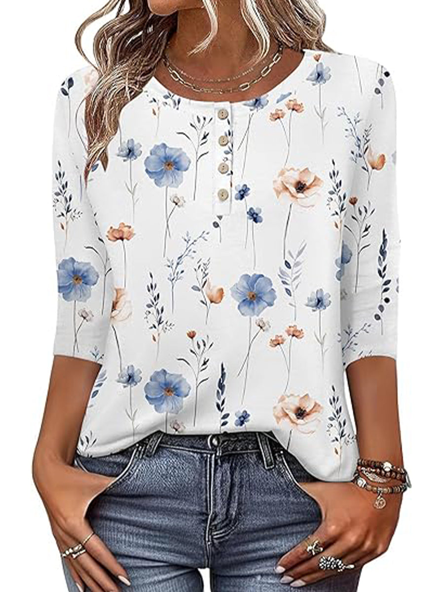 Casual Floral Printed 3/4 Sleeve Crew Neck Blouse