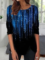 Blue Casual Round Neck Ombre Long Sleeve Blouse