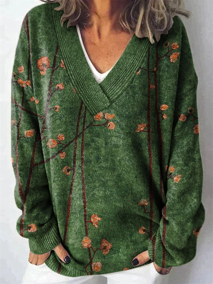Floral Print V-neck Long Sleeve Loose Daily Sweater