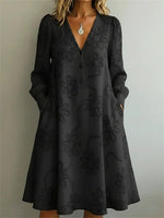Vintage Elegant V-neck Floral Printed Long Sleeve Dress