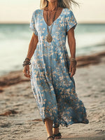 Women's Vintage Floral Print V-neck Short Sleeve Dress