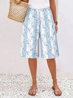 Blue Floral Stripe Elastic Waist Bermuda Shorts