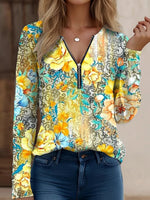 Stylish Floral Print Zip V-Neck Long Sleeve Top