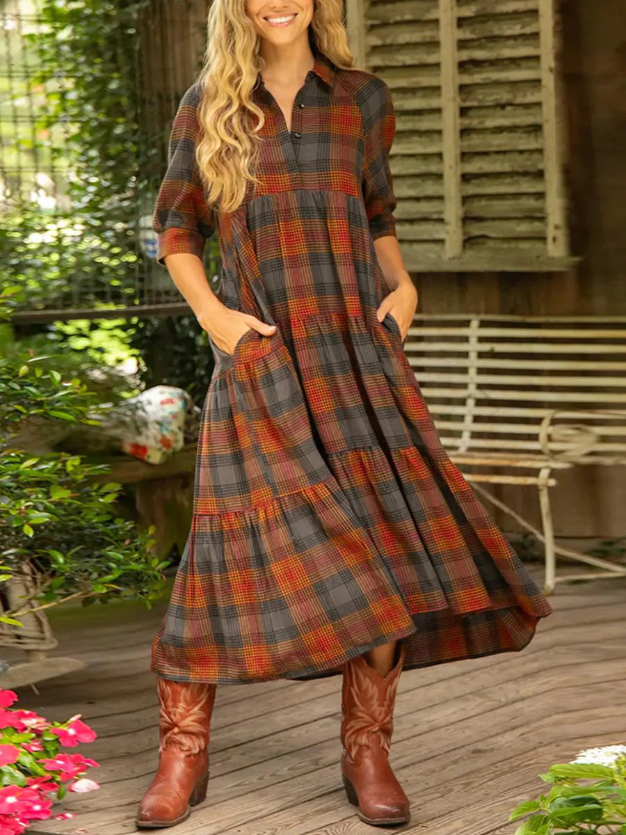 Orange Collared Half Sleeve Midi Dress