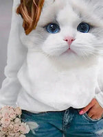 White Casual Graphic Tops Round Neck Long Sleeve Cat Printed Sweatshirts