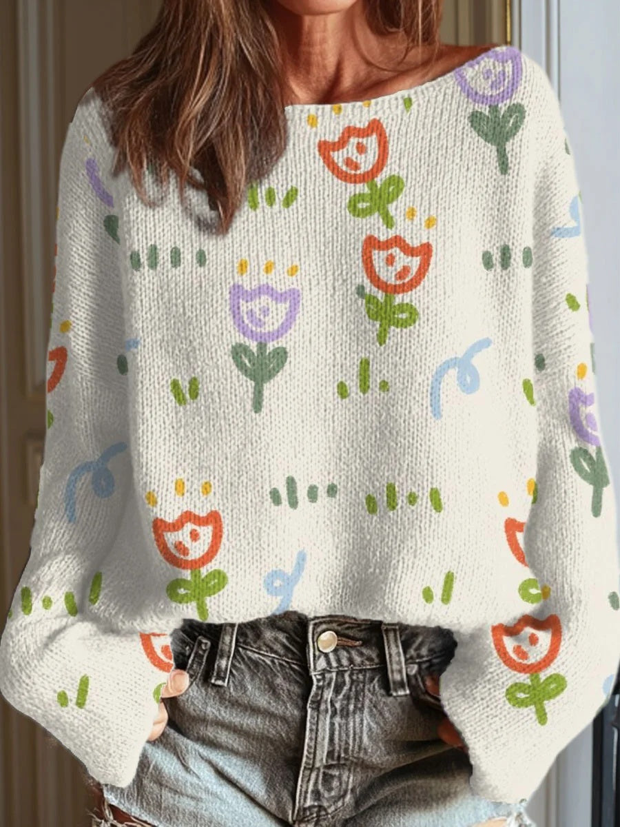 Women's Vintage Flower Art Print Casual Round Neck Long Sleeve Pullover Sweater
