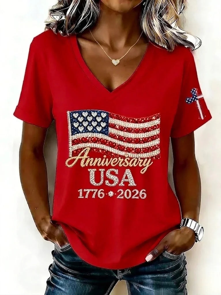 Casual America Flag V Neck Short Sleeves Independence Day T-shirt