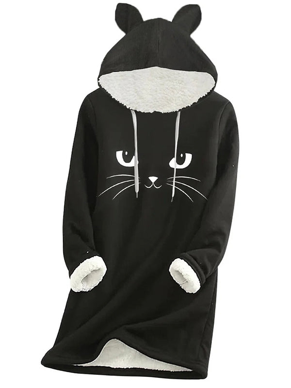 Black Casual Graphic Tops Long Sleeve Cat Printed Fleece Hoodies