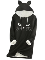 Black Casual Graphic Tops Long Sleeve Cat Printed Fleece Hoodies