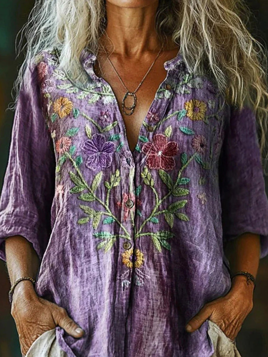 Vintage Floral Print Long Sleeve Blouse