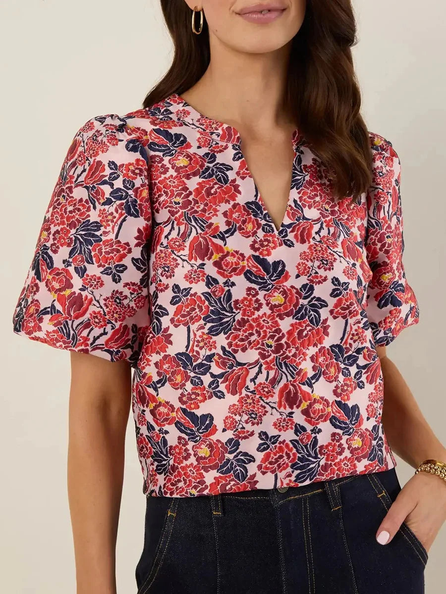 Floral Print Puff Short Sleeve V Neck Blouse