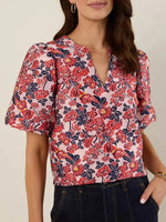 Floral Print Puff Short Sleeve V Neck Blouse