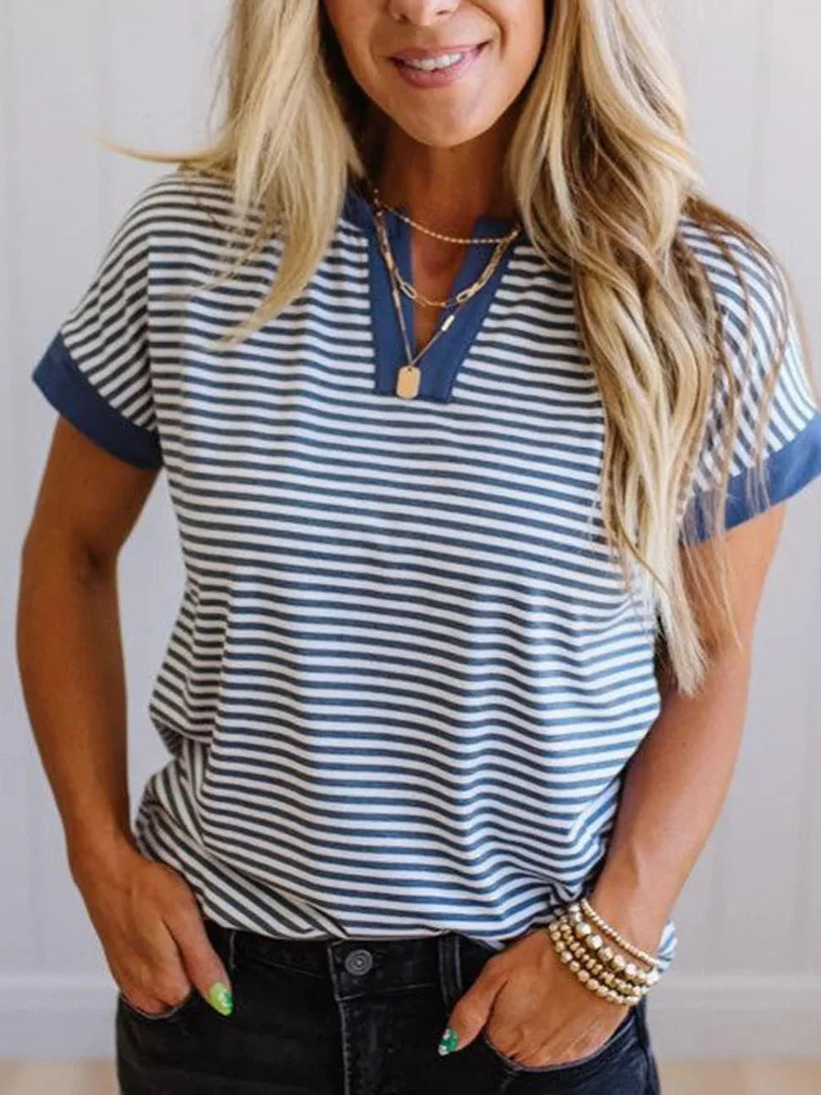 Navy Trim Stripe Notch V Neck Short Sleeve Casual Tee