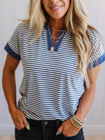 Navy Trim Stripe Notch V Neck Short Sleeve Casual Tee