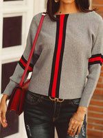 Round Neck Long Sleeve Boston Red Striped Gray Sweater