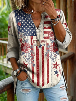 Independence Day Floral American Flag Print Women's Casual V-Neck Washed Denim Top