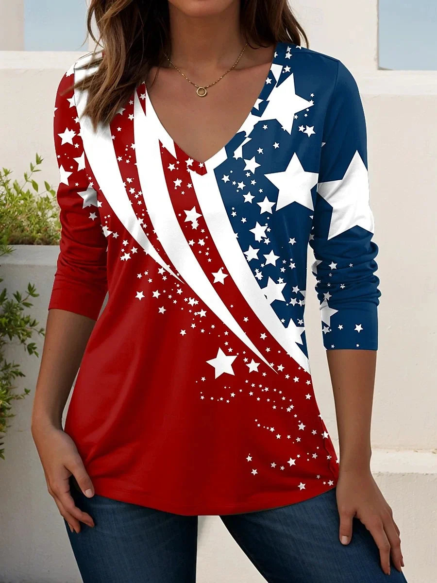 Women's Independence Day American Flag Print V-Neck Long Sleeve T-Shirt