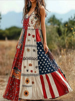 Independence Day Floral & Flag Print Sleeveless V-Neck Maxi Dress