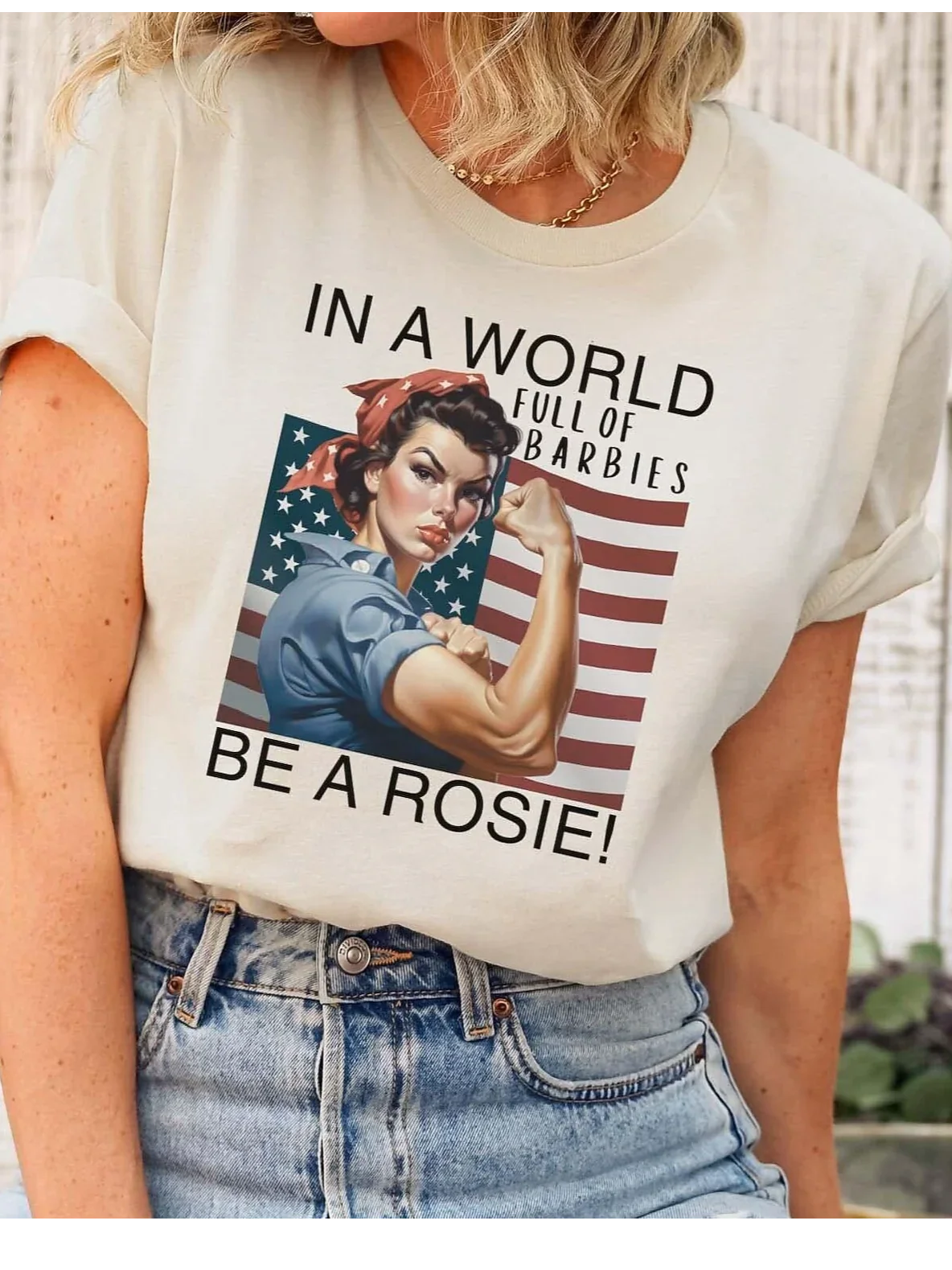 Vintage Rosie the Riveter American Flag Crew Neck Cotton T-Shirt