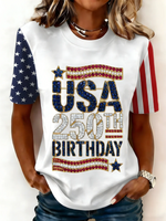 USA 250th Birthday American Flag Print Crew Neck Short Sleeve T-Shirt