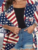 Women American Flag Print Lightweight Chiffon Kimono Cardigan