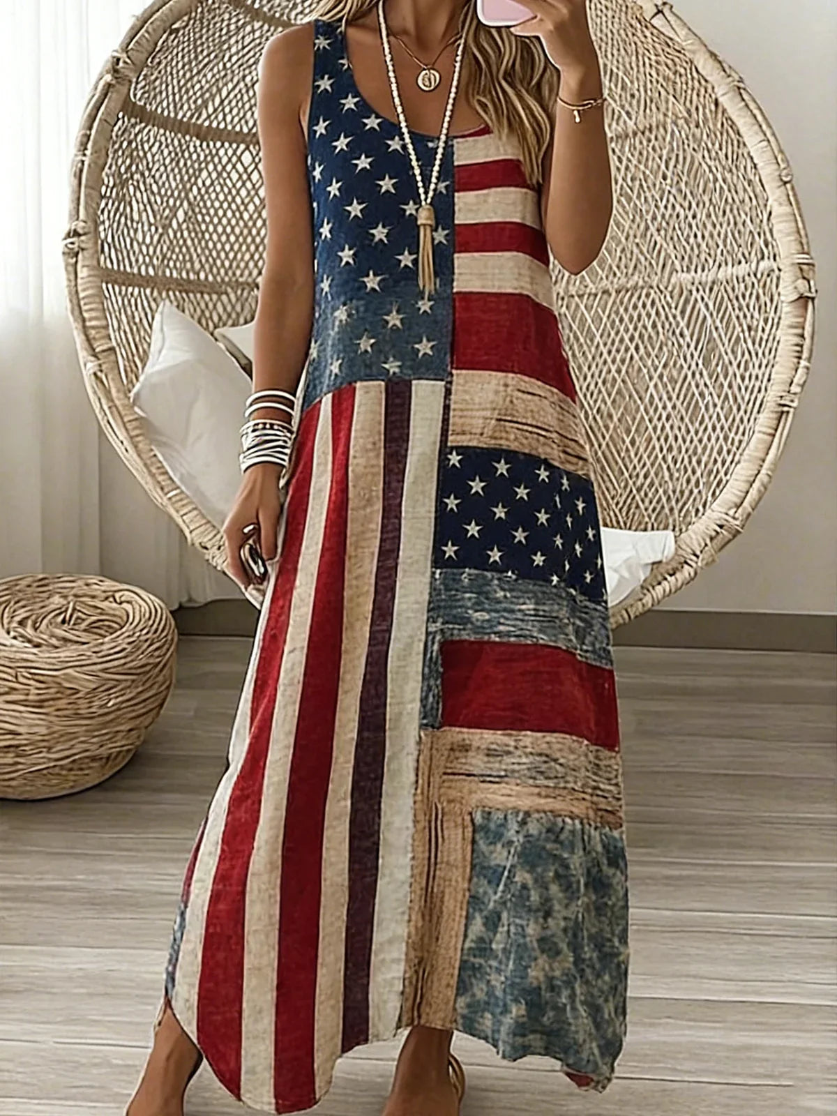 Women American Flag Patchwork Sleeveless V Neck A-Line Maxi Dress
