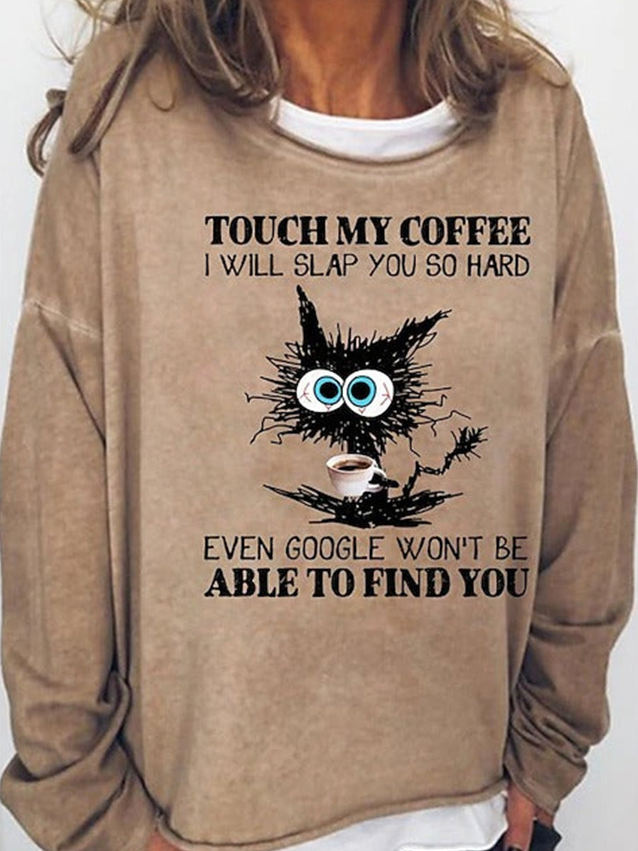 Vintage Khaki Funny Cat Print Loose Sweatshirt