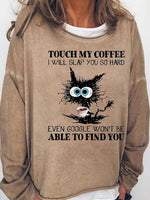 Vintage Khaki Funny Cat Print Loose Sweatshirt