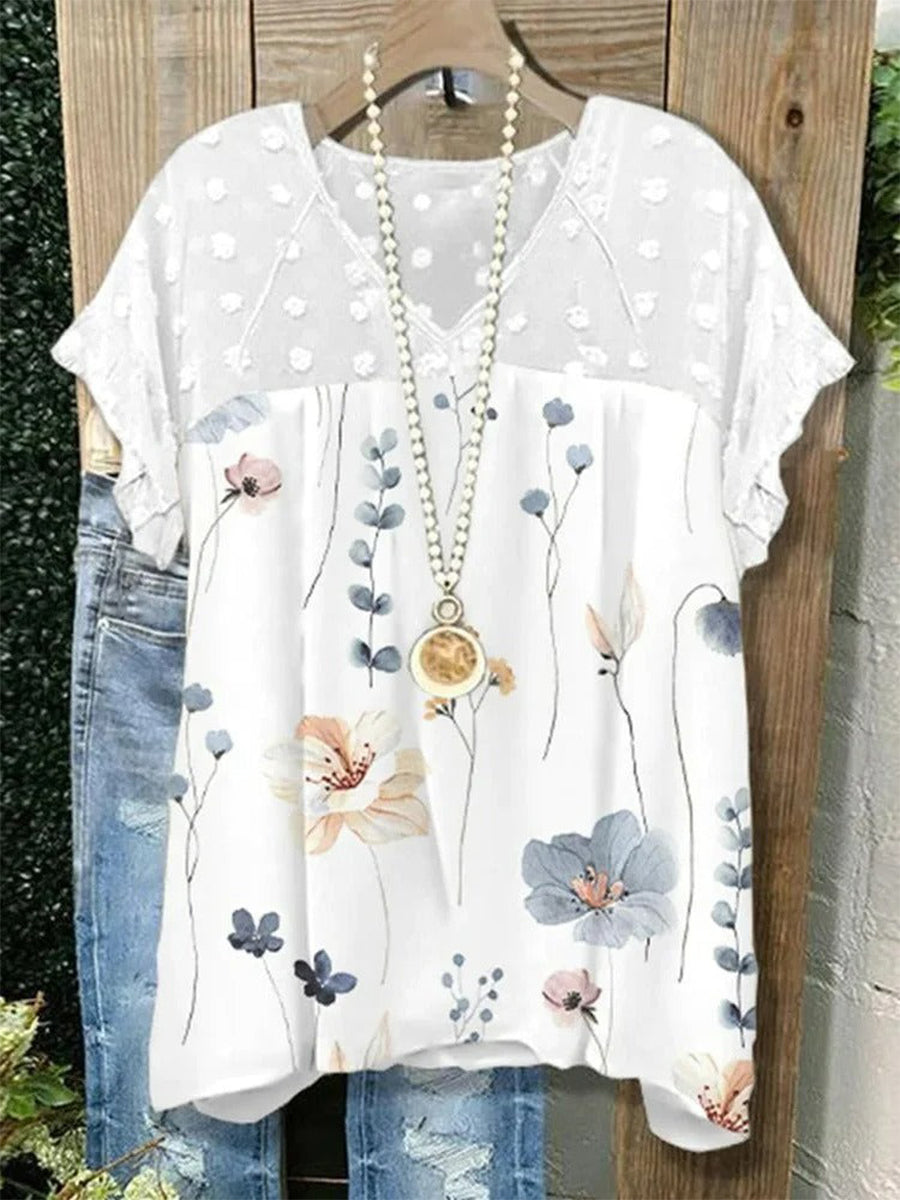 White V Neck Chiffon Loose Casual Floral Shirt
