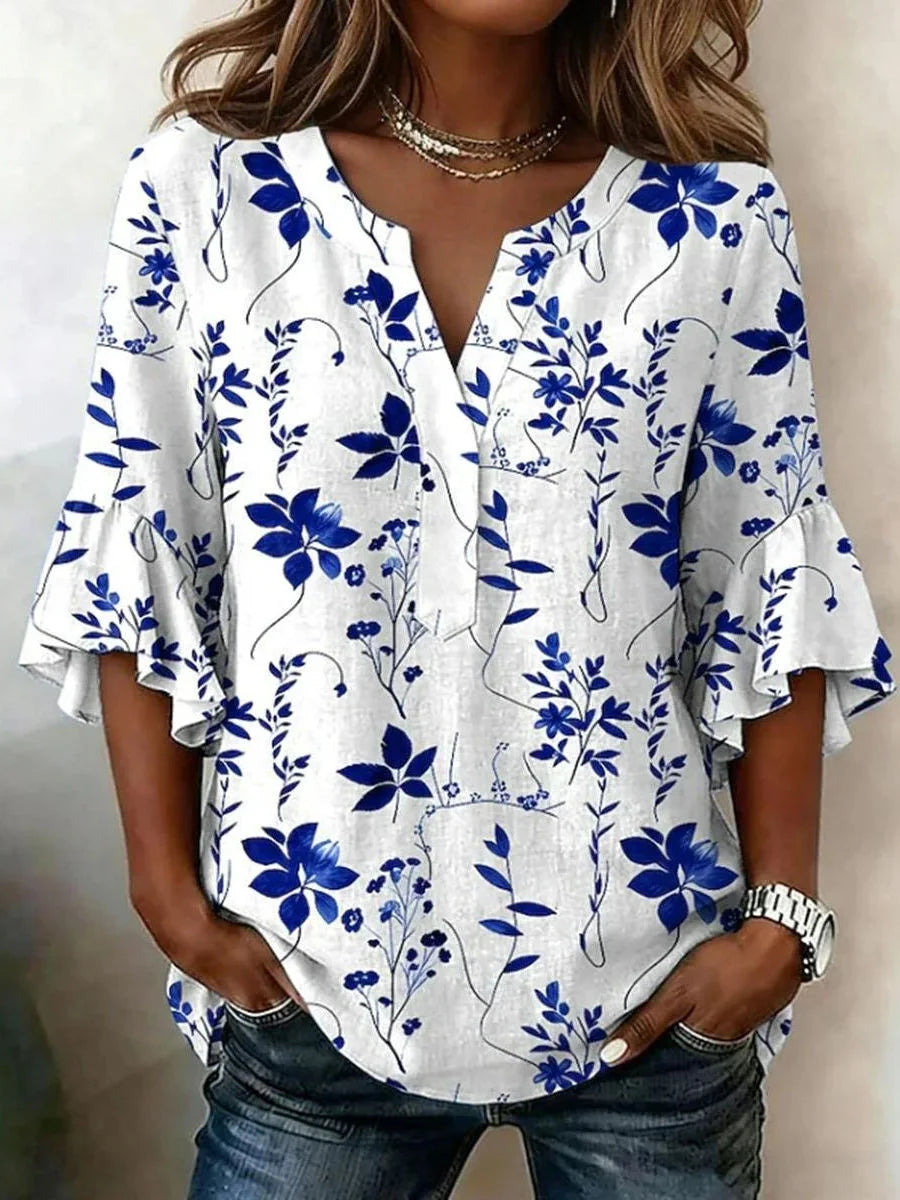 White Chinoiserie Floral Ruffle 3/4 Sleeve V-neck Top