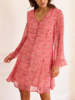 Pink Ditsy Floral Print V-neck Long Sleeve Mini Dress