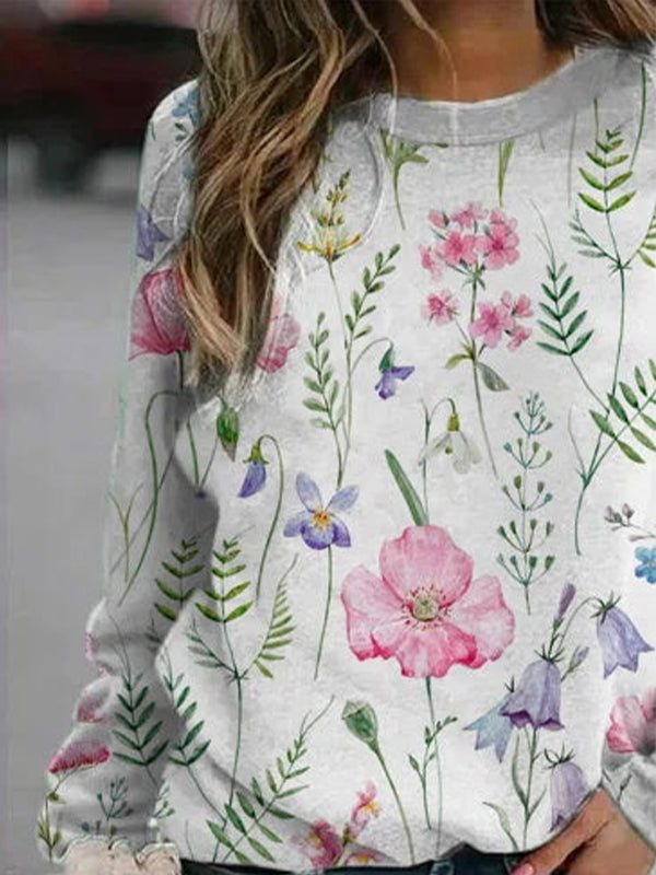 Pink Casual Graphic Tops Round Neck Long Sleeve Floral Printed Sweatshirts