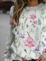 Pink Casual Graphic Tops Round Neck Long Sleeve Floral Printed Sweatshirts