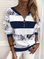 Blue Casual Tops V-neck Long Sleeve Stripe Printed Sweatshirt