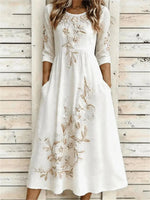 Vintage Floral Print Round Neck 3/4 Sleeve Dress