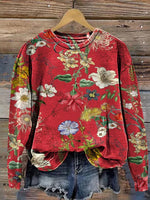 Vintage Floral Print Round Neck Long Sleeve Sweatshirt