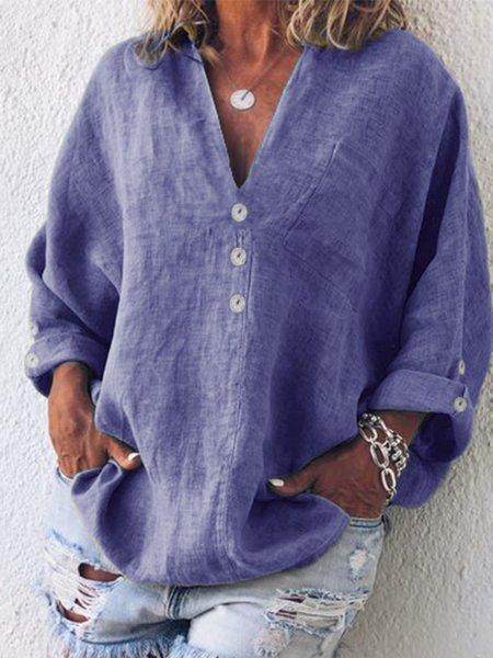 Buttoned V-neck Cotton Long Sleeve Blouse