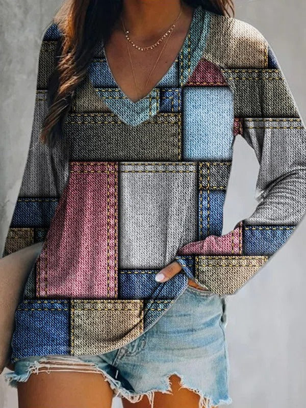 Multi Casual V Neck Color Block Printed Long Sleeve Blouse