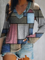 Multi Casual V Neck Color Block Printed Long Sleeve Blouse
