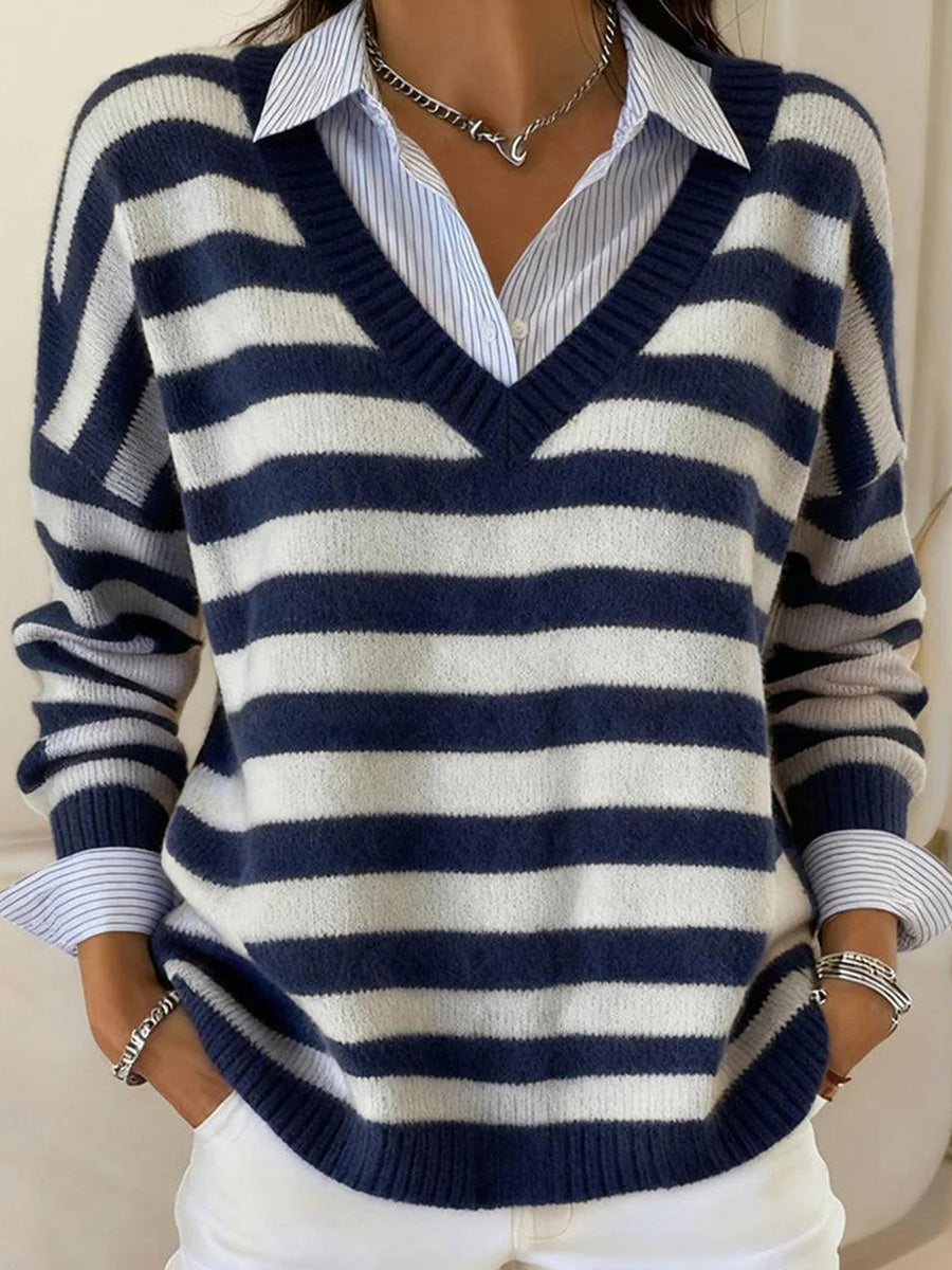 Blue Striped V-Neck Long Sleeve Sweater