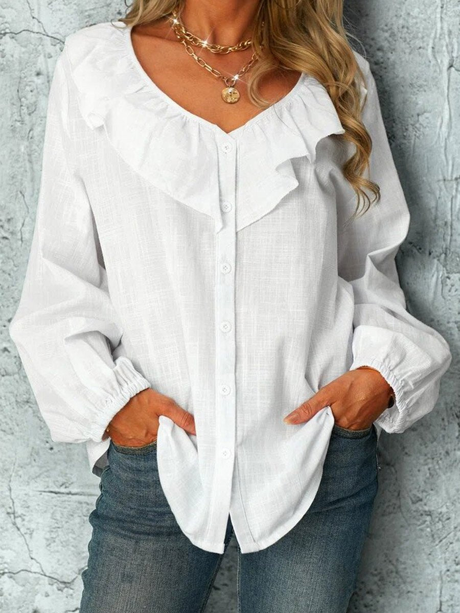 Ruffle Long Sleeve White Blouse With Buttons