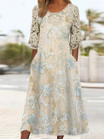 Women's 3/4 Sleeve Round Neck Floral Printed Lace Stitching Midi Dress