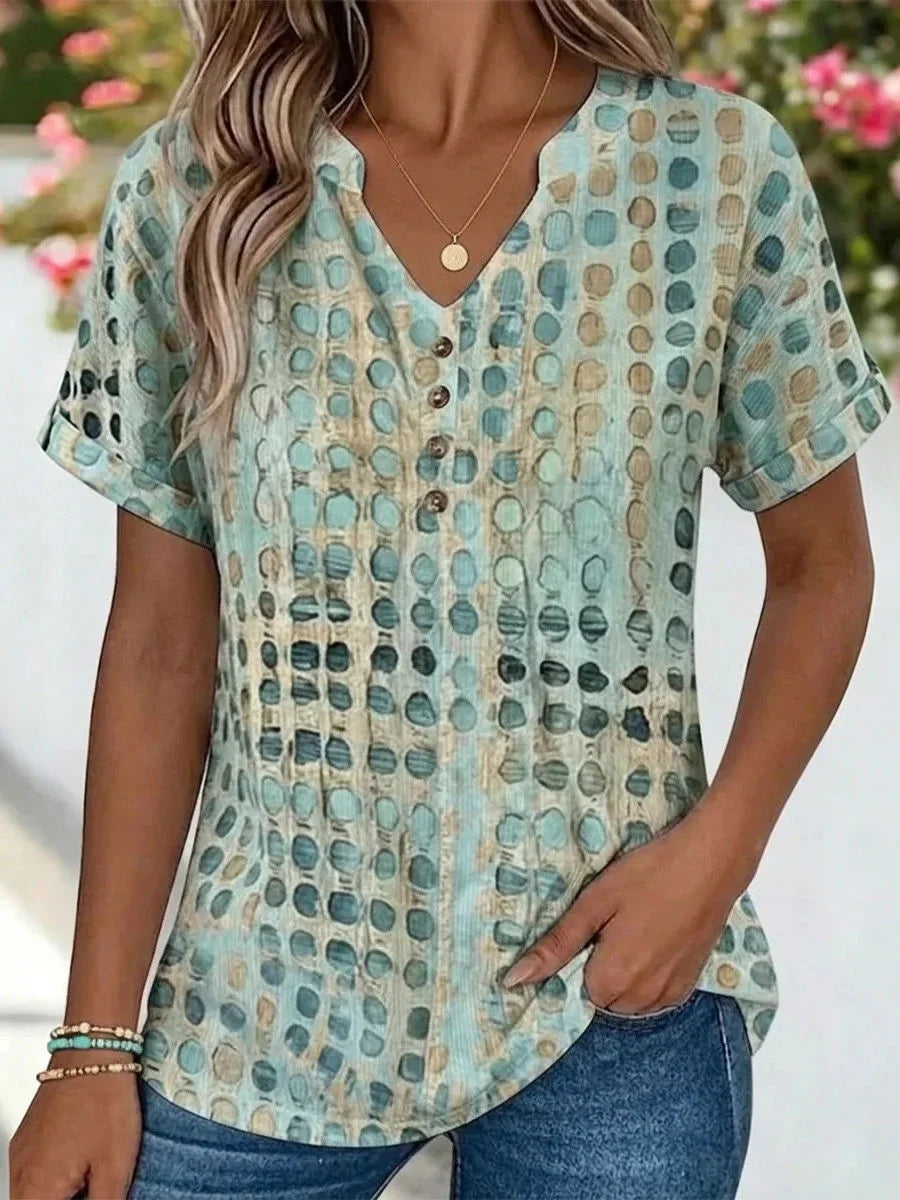 Teal Abstract Dot Print Henley V-neck Short Sleeve Top